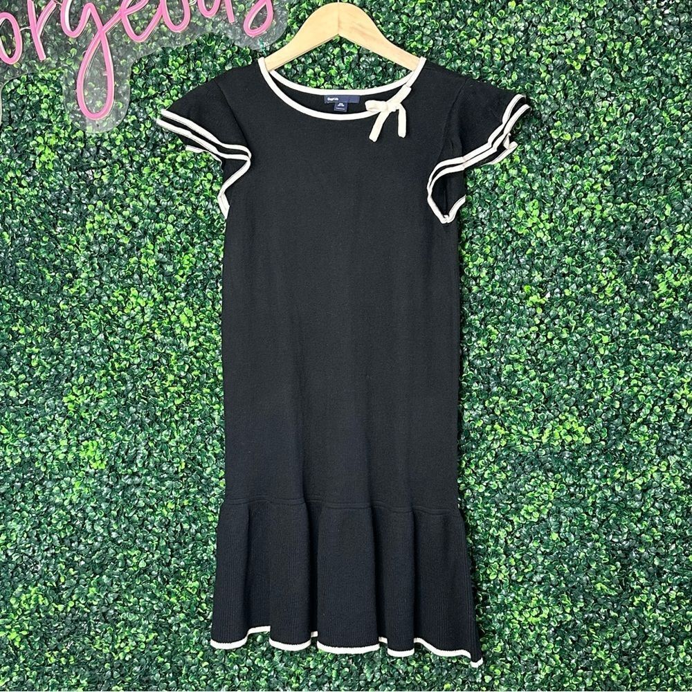 Girls GAP Black Ruffle Cream Trim Bow Dress Sz 14/16